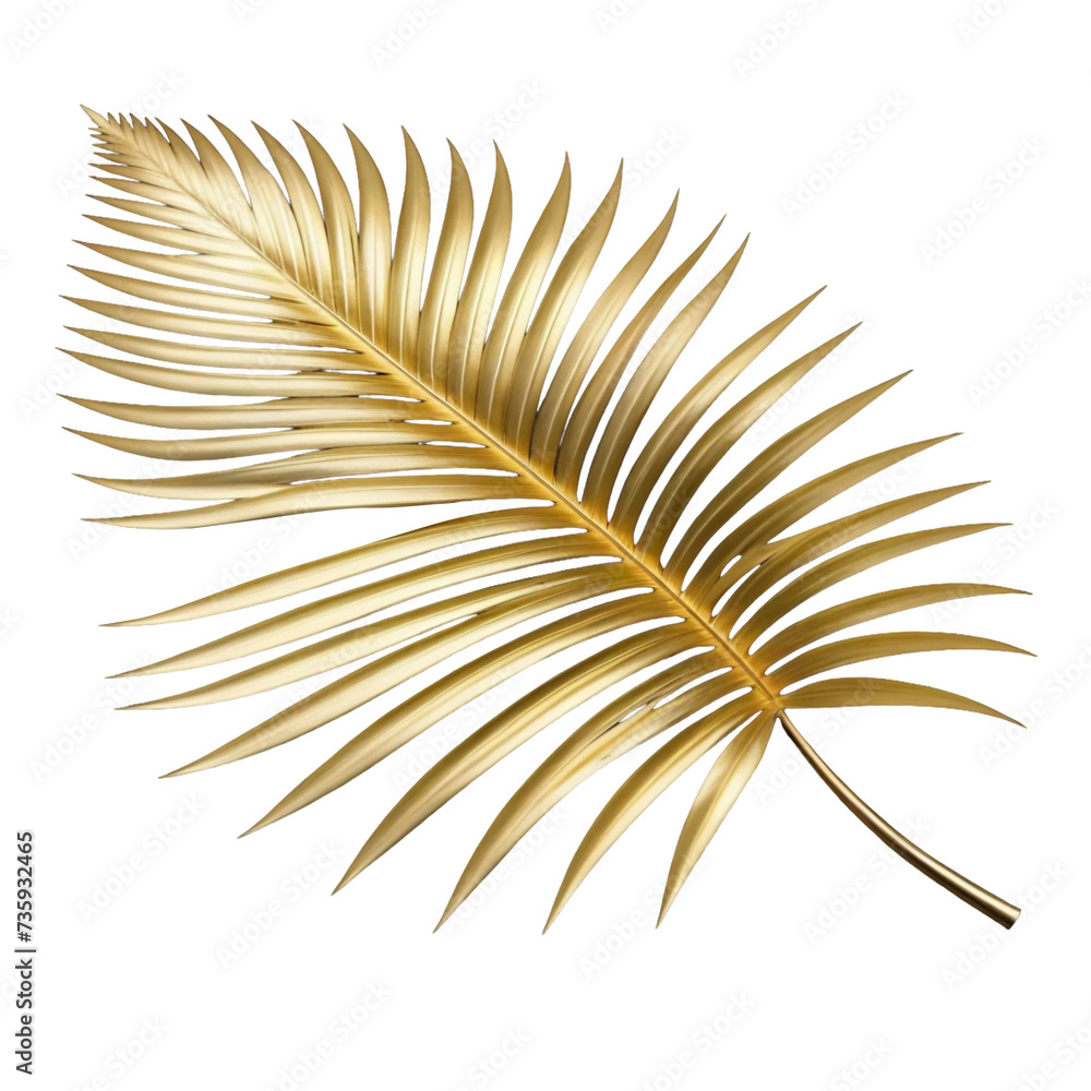 Obraz premium One big golden palm leaf isolated on PNG background. Generative AI.