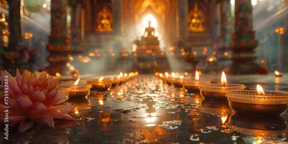 Serene Temple Interior With Lit Candles and Incense During Evening Prayer
