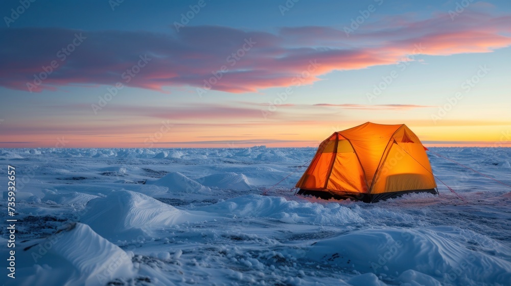 Illuminated Tent on a Snowy Landscape at Twilight