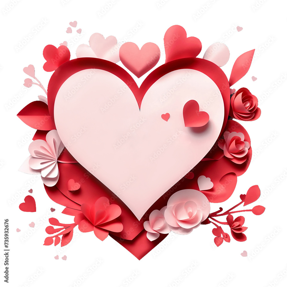 Heart-shaped frame decorated with paper flowers and leaves isolated on PNG background. Generative AI.