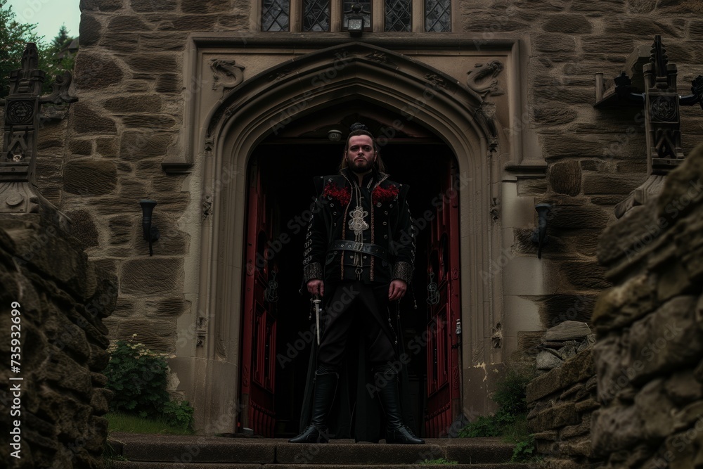 man with a gothic look standing at a castle entrance