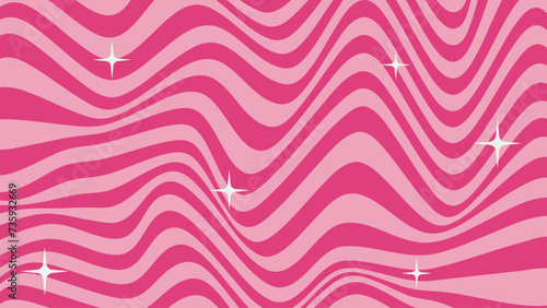 Cute pinky abstract background in barbie core 2000s style. Trendy psychedelic retro style backdrop. Waves, swirl, twirl and stars pattern. Twisted distorted vector texture. Y2k aesthetic design