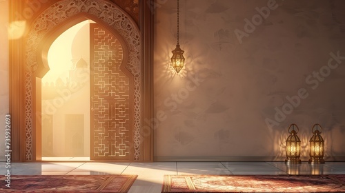 Ramadan Kareem greeting card with 3d Mosque door and crescent moon