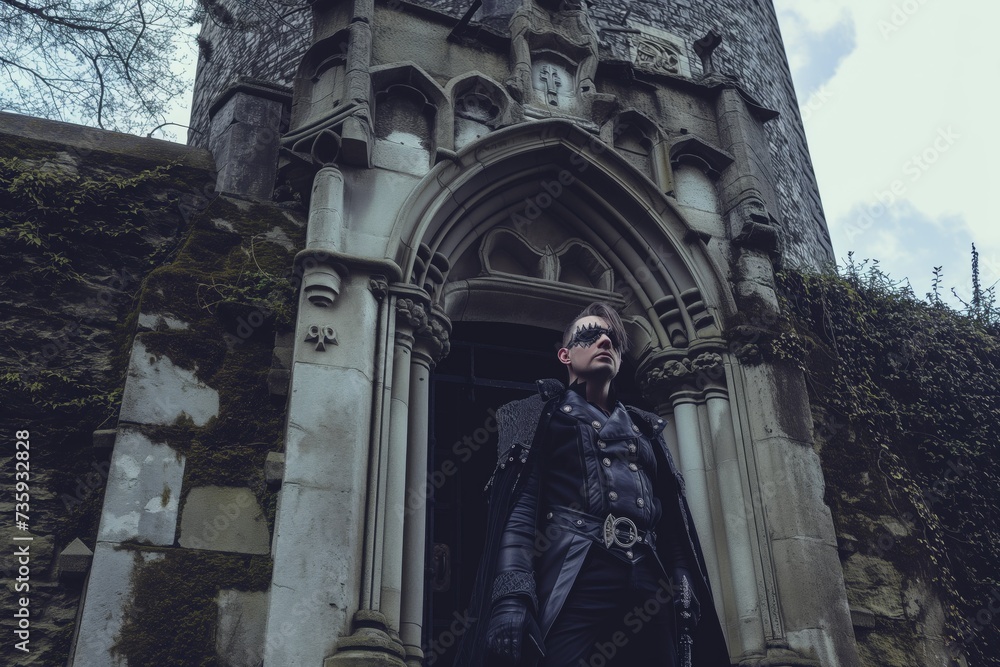 man with a gothic look standing at a castle entrance