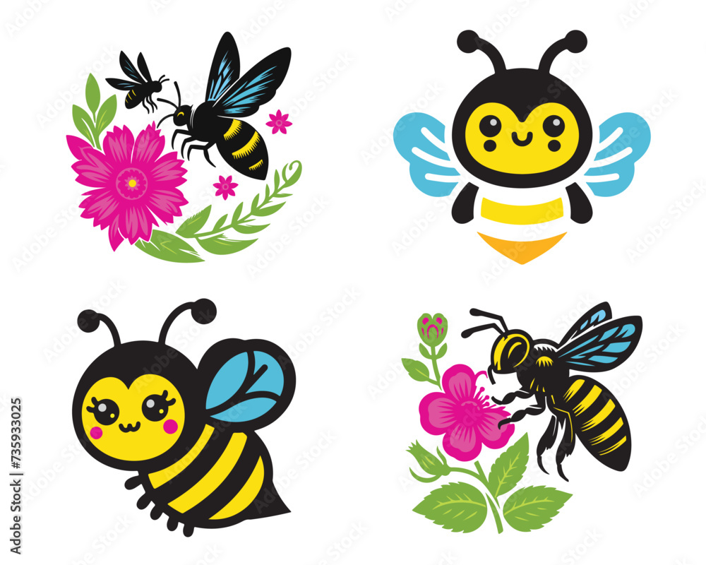 Honey Cute  Bee Vector set.