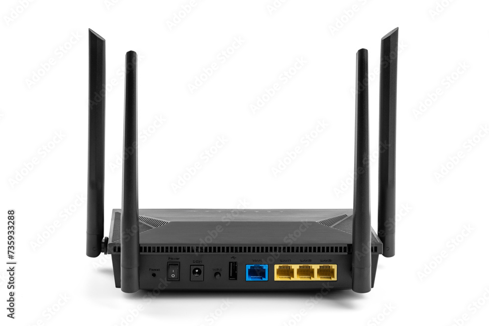 Black wireless internet router isolated on white background. Wireless Wi-Fi router isolated on white. Fiber Optic Internet. Network cables Connected to a router, speed test concept. Black wireless internet router isolated on white background. Wireless Wi-Fi router isolated on white. Fiber Optic Internet. Network cables Connected to a router, speed test concept.
