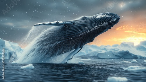 A humpback whale leaping from the water before icebergs. Generative AI. photo