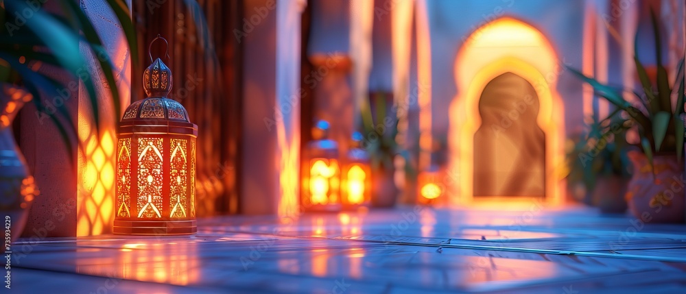 Ramadan Kareem: abstract Islamic interior with lanterns, arches, doors and plants Ramadan Kareem: abstract Islamic interior with lanterns, arches, doors and plants
