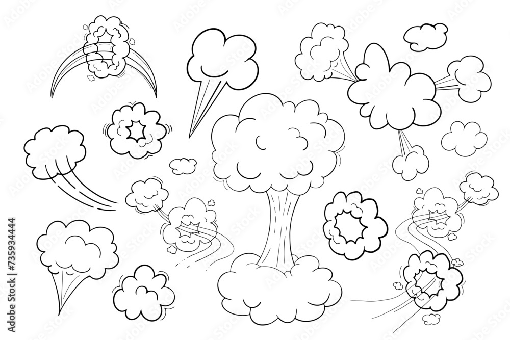Comic motion effect, clouds speed way, trail set fast wind swirl, puff poof elements isolated on white background. Blow explosion Comic motion effect, clouds speed way, trail set fast wind swirl, puff poof elements isolated on white background. Blow explosion