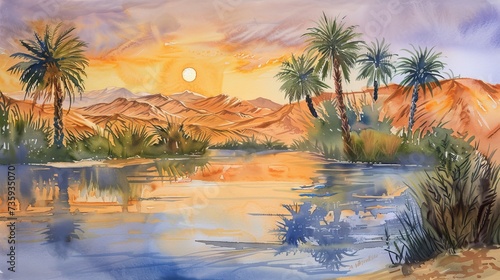 Desert oasis at dawn with palm trees and water pool, watercolor painting on paper, Ramadan artwork