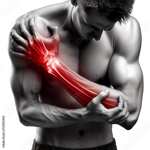 Man with pain in arm,monochrome image,monochrome photo with red as a symbol for the hardening on transparent background