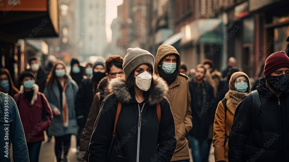 Fototapeta premium A crowd of people of different nationalities in medical face masks is walking along a city street. Virus pandemic, Air pollution, biological and chemical attack concepts.