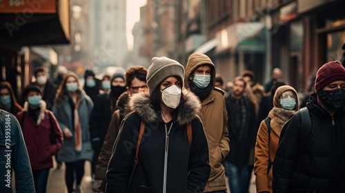 A crowd of people of different nationalities in medical face masks is walking along a city street. Virus pandemic, Air pollution, biological and chemical attack concepts.