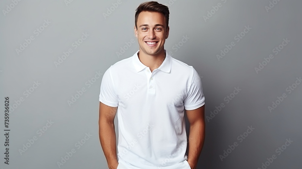 Caucasian Man Radiates Happiness in Clean White Mock-up T-shirt Caucasian Man Radiates Happiness in Clean White Mock-up T-shirt