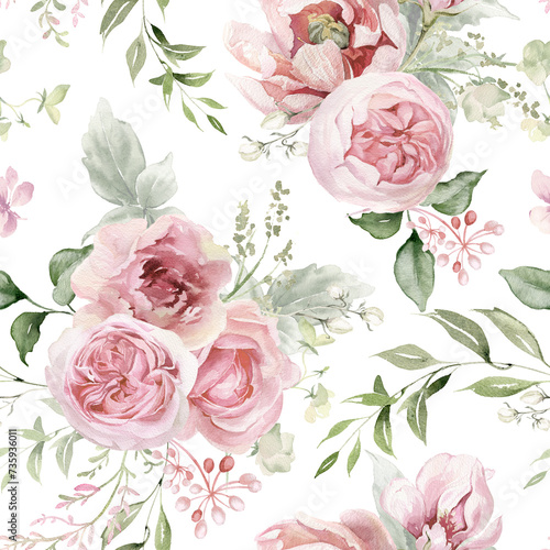Seamless pattern with pink roses flowers and eucalyptus leaves. Watercolor floral background. Romantic illustration for print or fabric. Retro summer bouquet on white background