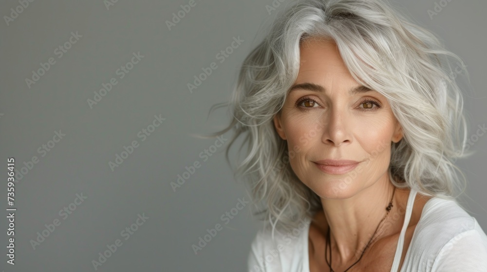Beautiful aging mature woman with long gray hair and happy smiling