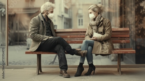 A frustrated couple in a medical mask talks while sitting on a bench outside during a virus pandemic.