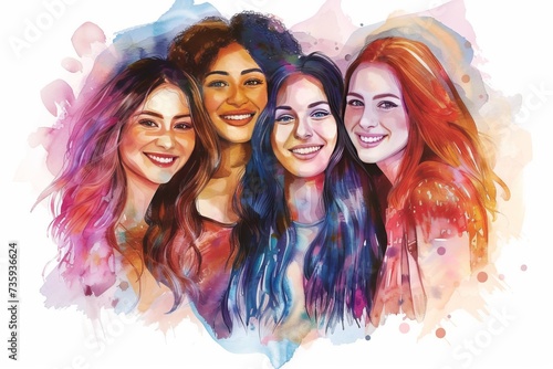United in Strength: Watercolor-Style Illustration of Happy Women for International Women's Day, generative ai