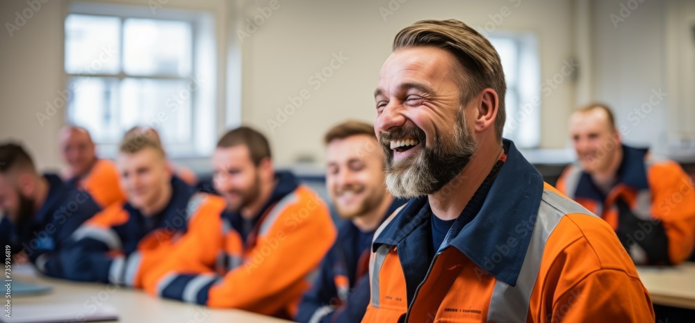 Worker in overalls, smiling in classroom for training - obrazy, fototapety, plakaty 