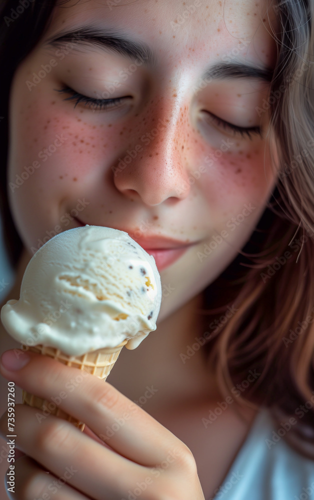 A girl enjoys an ice cream cone on a hot summer day