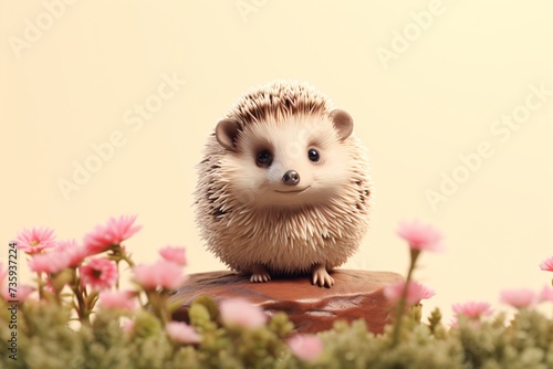 a small porcupine on a rock surrounded by flowers