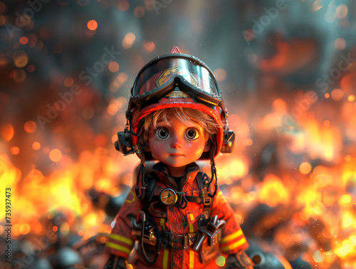 Illustration of a firefighting child with big eyes. Generative AI