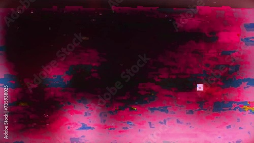 Red glitch background with multicolored static and light leaks. Abstract background, design element or overlay. photo