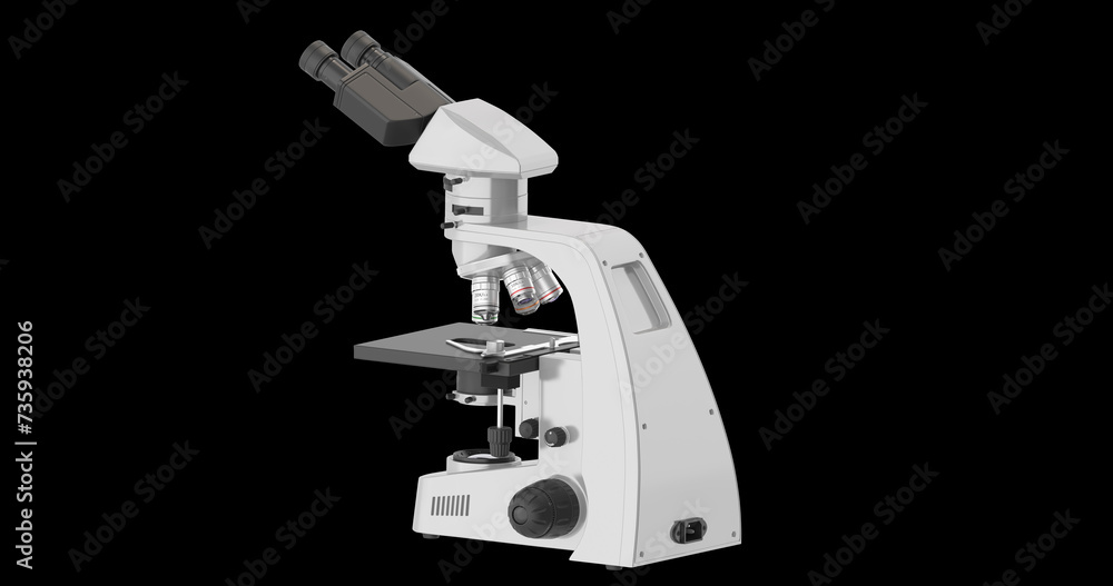 Realistic 3d illustration of a microscope. Pharmaceutical and educational tool. A magnifying tool for research. A symbol of science and chemistry. Isolated on black background Realistic 3d illustration of a microscope. Pharmaceutical and educational tool. A magnifying tool for research. A symbol of science and chemistry. Isolated on black background