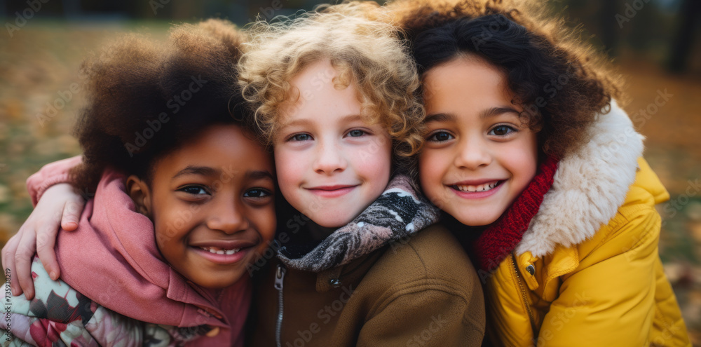 Children of different races hugging each other and smiling