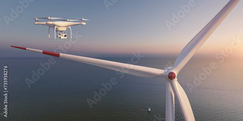 A drone (quadcopter) flying to a wind turbine (wind farm). Suitable for demonstrating the use of drones in the field of renewable energy, inspection and maintenance of wind farms.s 3D Illustration. photo