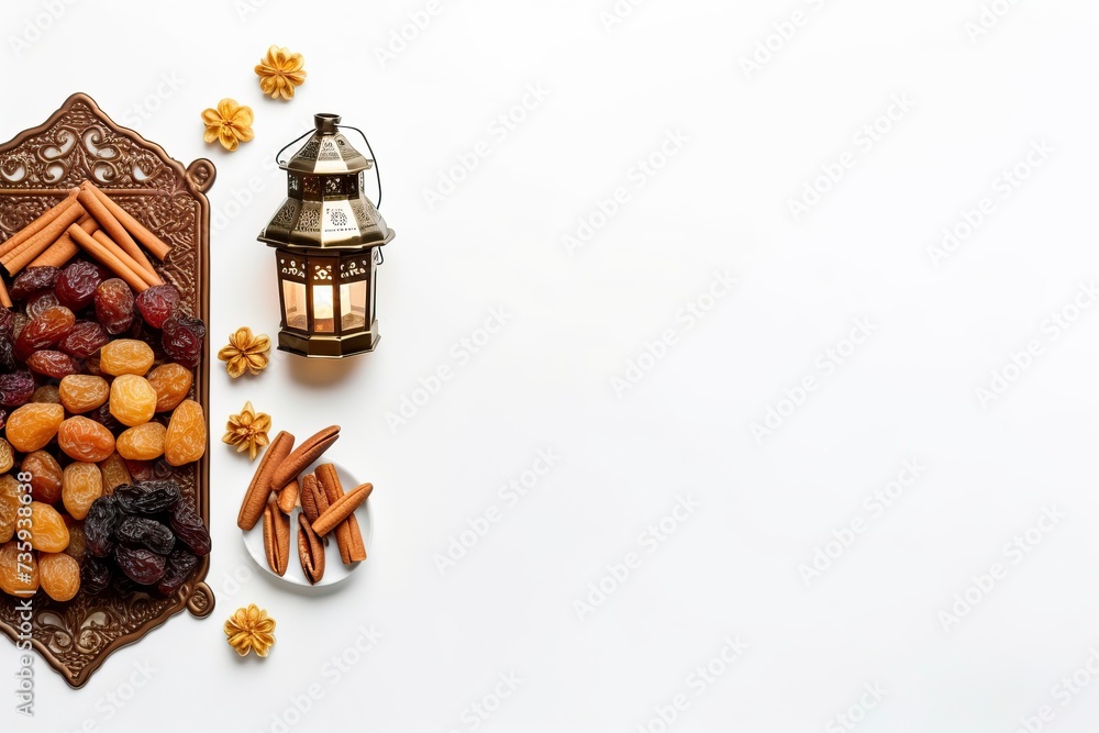 Fototapeta premium Flat lay composition with Arabic lantern and snacks on White background. Space for text. copy space - generative ai