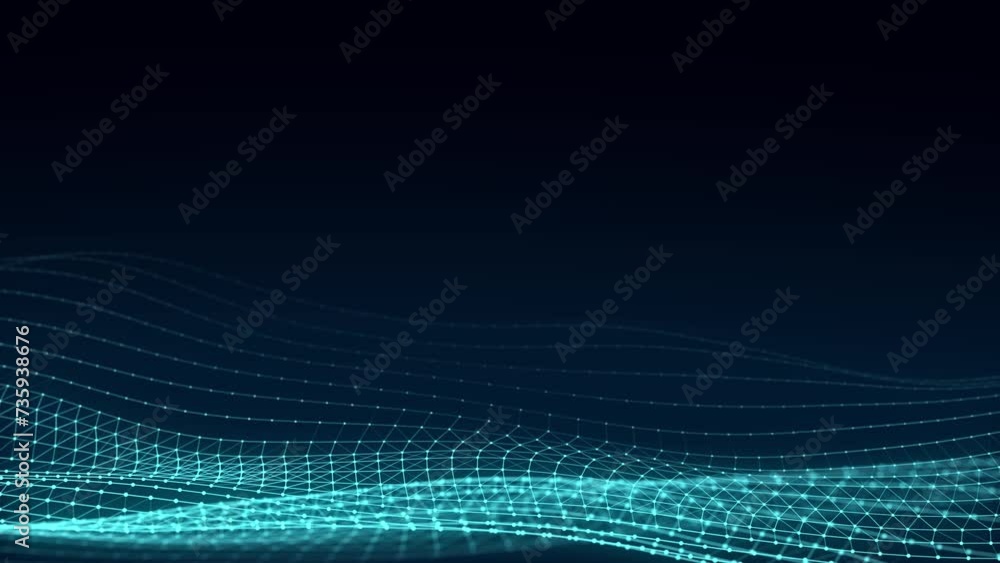 Glowing blue wave with motion dots and lines. Abstract digital background. Concept connection big data. Futuristic technology backdrop. 3D rendering. Glowing blue wave with motion dots and lines. Abstract digital background. Concept connection big data. Futuristic technology backdrop. 3D rendering.