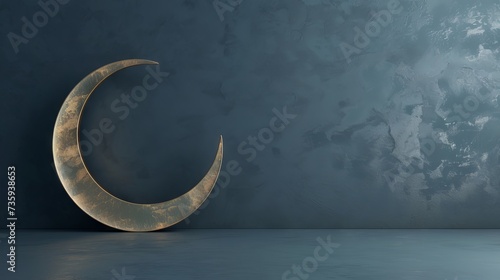 Arabic Ramadan crescent on blue wall with copy space - 3d illustration of Islamic celebration concept