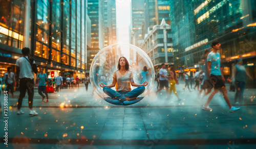 une femme médite, assise dans une bulle au milieu d'un environnement urbain stressant photo