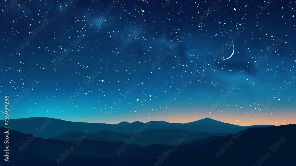 Crescent moon shining over dark sky with stars and clouds, Ramadan Kareem greeting card design