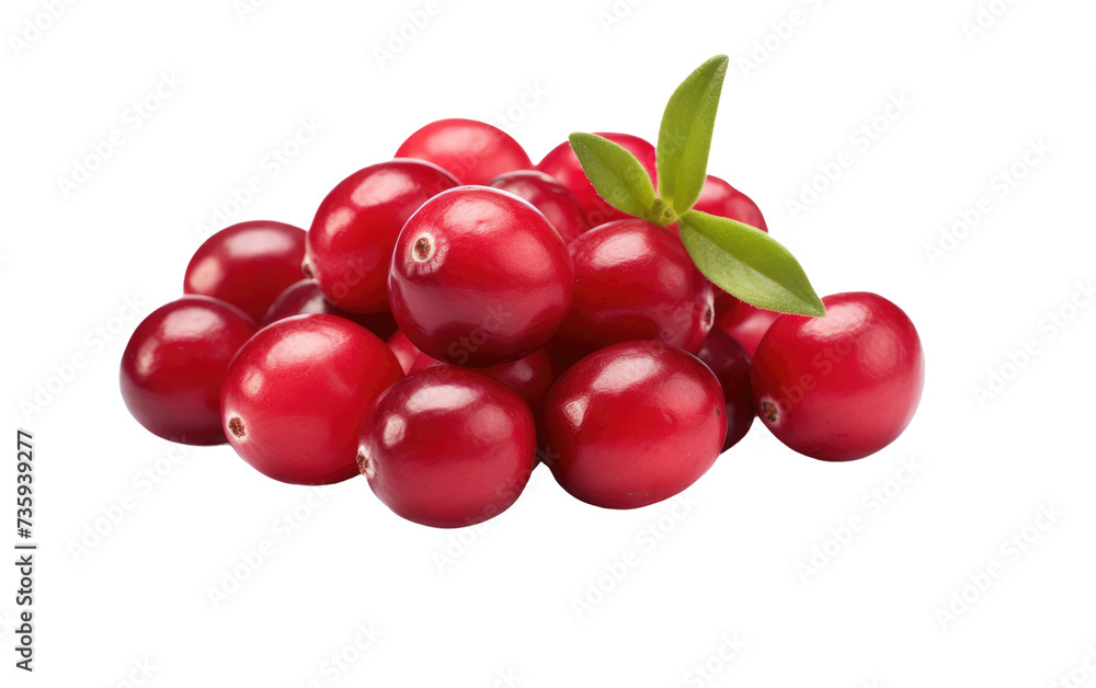 A Pile of Cranberries With a Leaf on Top. A close up photo of a pile of vibrant red cranberries with a single green leaf resting on top.