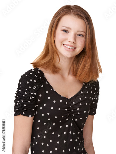 Basic, fashion and portrait of redhead, teenage girl and smile for hair care in studio for mockup. Gen z youth, glow and mouth in casual clothing for happy, fresh school picture on white background