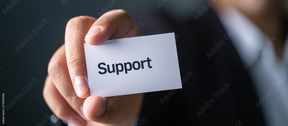 A person giving emotional and mental aid with a card that says support A person giving emotional and mental aid with a card that says support