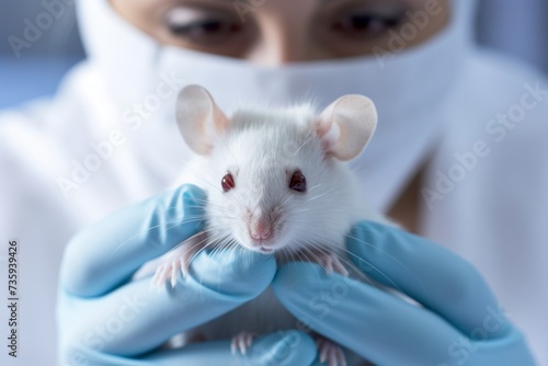 Scientist holding white laboratory mouse (mus musculus) in hands photo