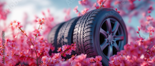 summer tires in the blooming spring sakura in the sun - time for summer tires photo