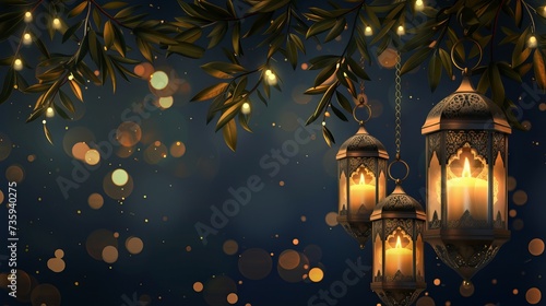 Ramadan Kareem greeting card with Arabic lanterns, candles, and olive branch on dark background