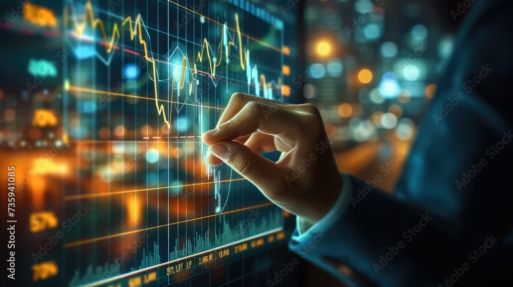 Businessman touching growth graph profit develop sustainable plan for business investment, touching a display screen showing a graph of increasing profits. Generative AI. Businessman touching growth graph profit develop sustainable plan for business investment, touching a display screen showing a graph of increasing profits. Generative AI.