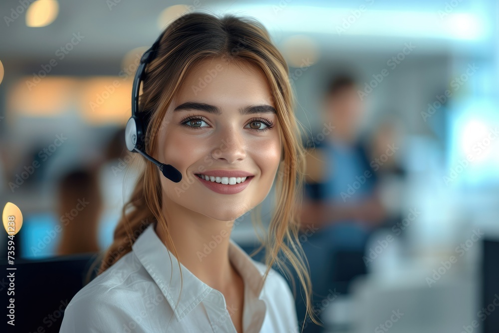 Young woman and smile in contact. Customer service consultant, happy female and telemarketing with sales and help desk. Generative AI. Young woman and smile in contact. Customer service consultant, happy female and telemarketing with sales and help desk. Generative AI.