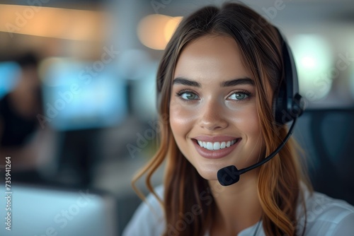 Young woman and smile in contact. Customer service consultant, happy female and telemarketing with sales and help desk. Generative AI.