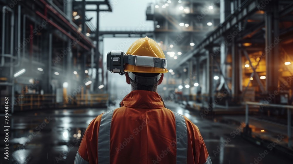 A worker wearing a smart helmet with environmental sensors for safety, Working in a smart factory. Generative AI. A worker wearing a smart helmet with environmental sensors for safety, Working in a smart factory. Generative AI.