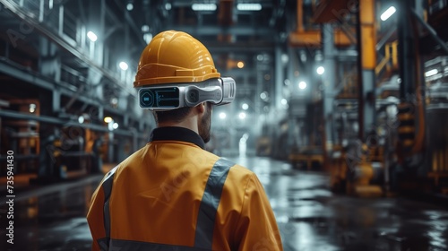 A worker wearing a smart helmet with environmental sensors for safety, Working in a smart factory. Generative AI.