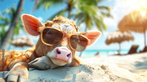 beautiful animal the sand at the beach sea on summer vacation holidays, wearing sunglasses. The concept of a summer holiday by the sea. Copy space. advertising of resorts and summer holidays © Nataliia_Trushchenko