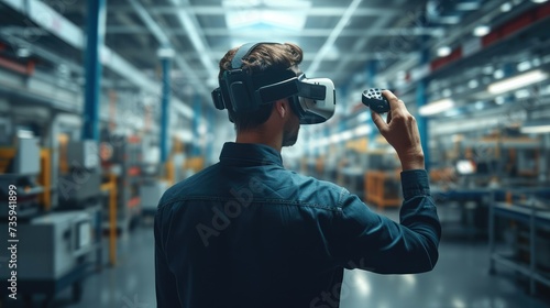 Industrial Design Engineer Wearing Virtual Reality Headset Working With Machinery At Modern Factory. Generative AI.