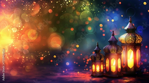 Eid Mubarak Ramadan Kareem - beautiful Islamic holiday greeting card with traditional Eid lanterns and Arabic calligraphy