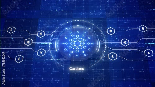 Cardano blockchain platform animated logo. ADA cryptocurrency. Animation of virtual currency in digital world. Open-source and decentralized Cardano photo